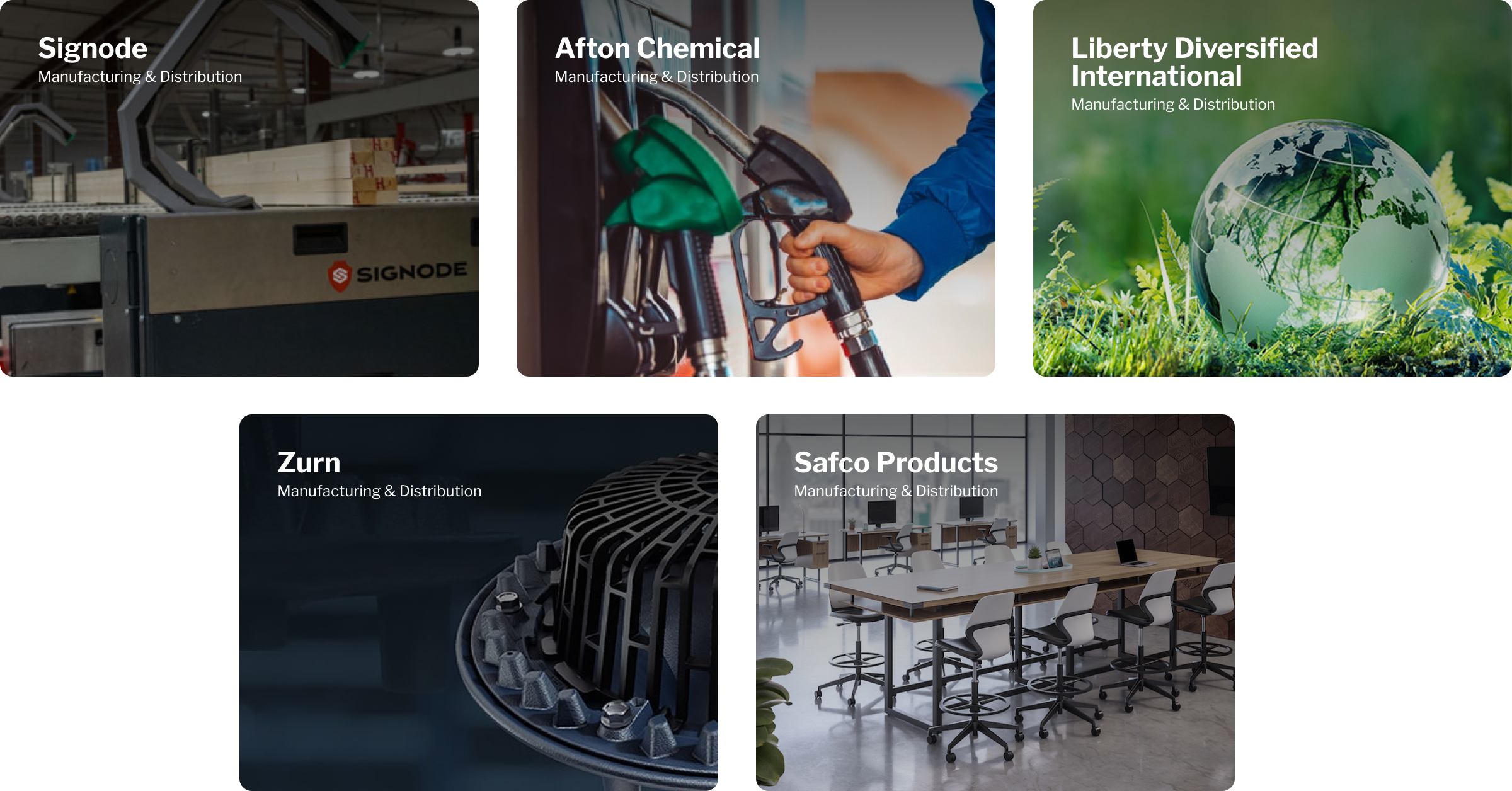 A collage showcasing manufacturing and distribution companies on the Kentico platform: Signode, Afton Chemical, Liberty Diversified International, Zurn, and Safco Products.