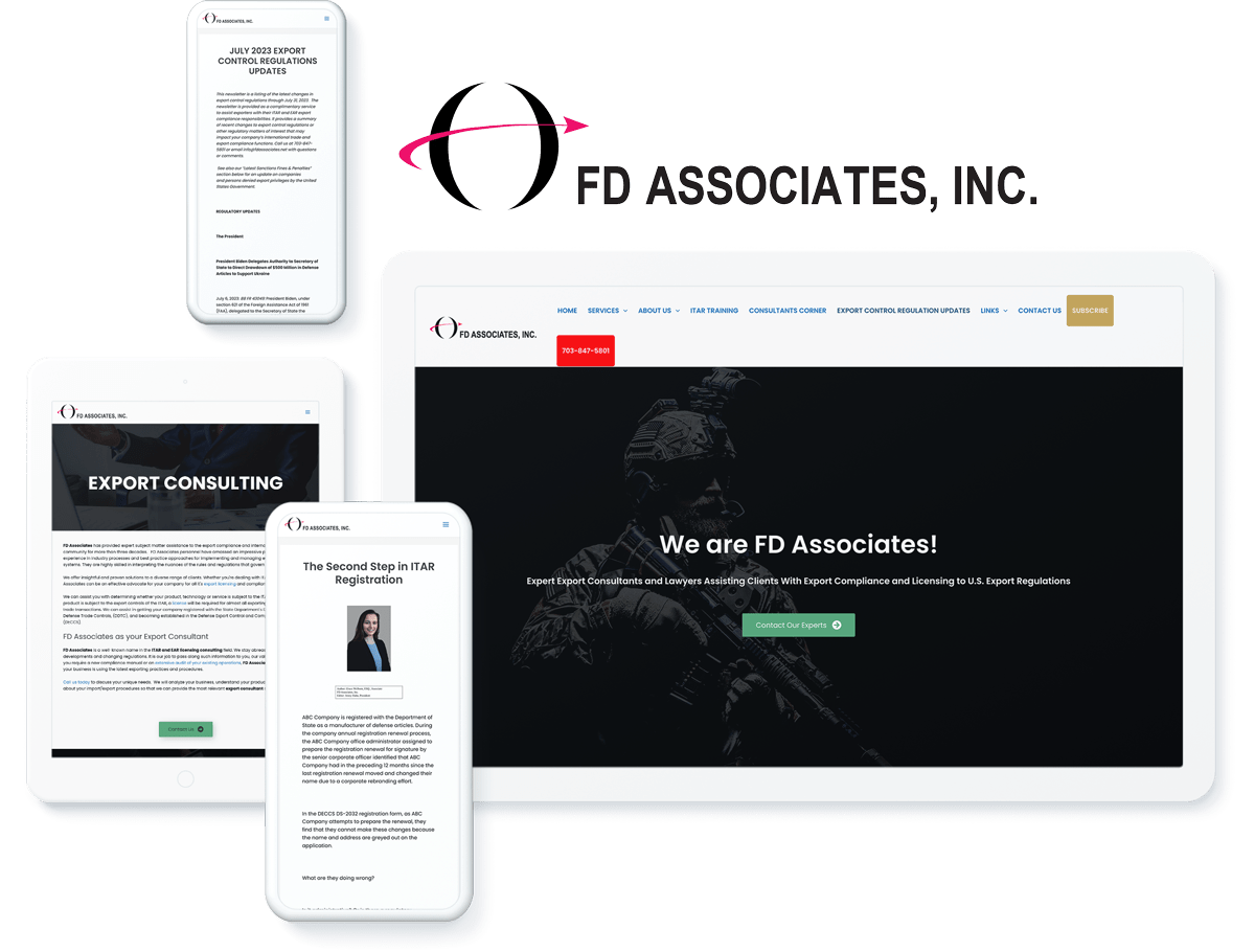 Digital devices showing FD Associates website, offering export consulting and compliance services.
