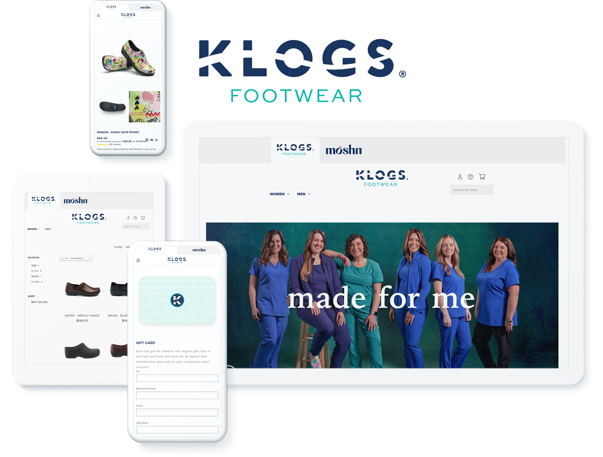 Mobile and tablet displaying KLOGS Footwear website with images of healthcare workers and various shoe styles.