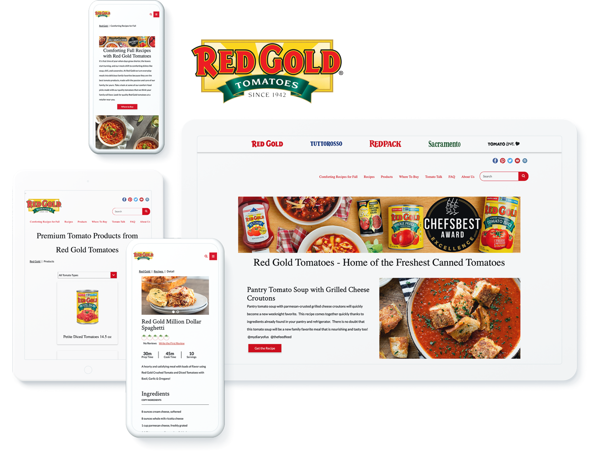 Electronic devices displaying the Red Gold Tomatoes website, featuring canned tomato products and recipes.