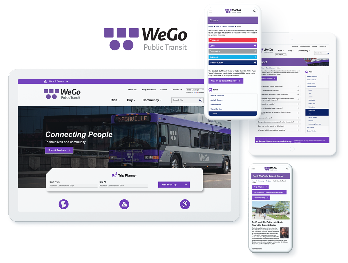 Various devices showing WeGo Public Transit's website interface with service options and Nashville transit information.