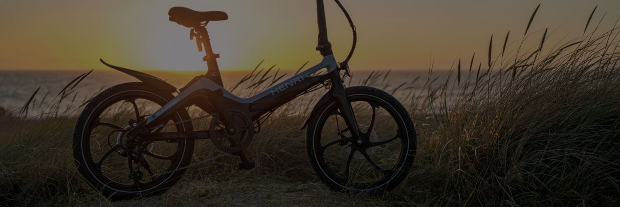 Electric bike on a grassy beach in front of sunset, indicating business success with ecommerce website development services