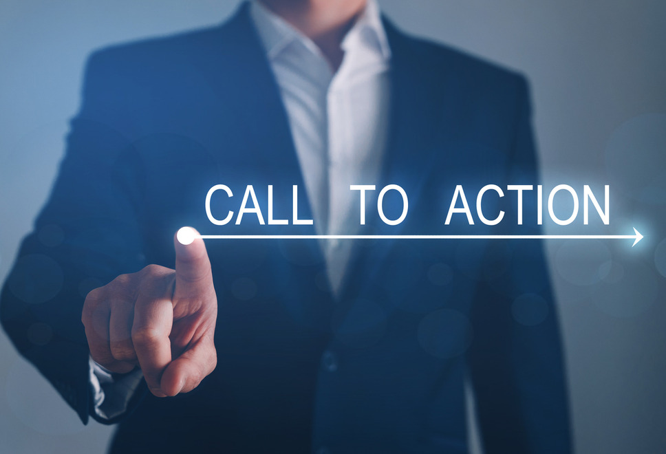 Professional touching a digital 'Call to Action' button, emphasizing strategic marketing tactics with digital agency services