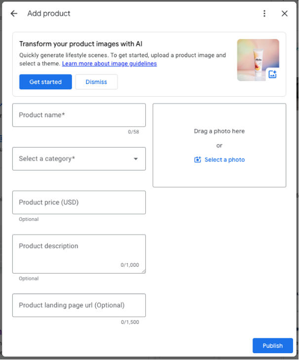Google Business Profile interface for adding a GBP product, showcasing fields for product details and image upload