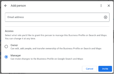 Google Business Profile settings for adding a person with an email address field and Owner or Manager access options