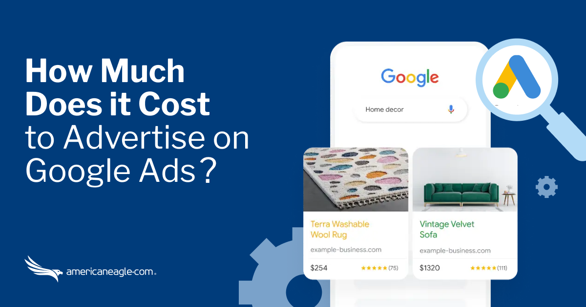 Infographic on Google Ads advertising costs featuring a search bar, magnifying glass icon, and example product ads for home decor.