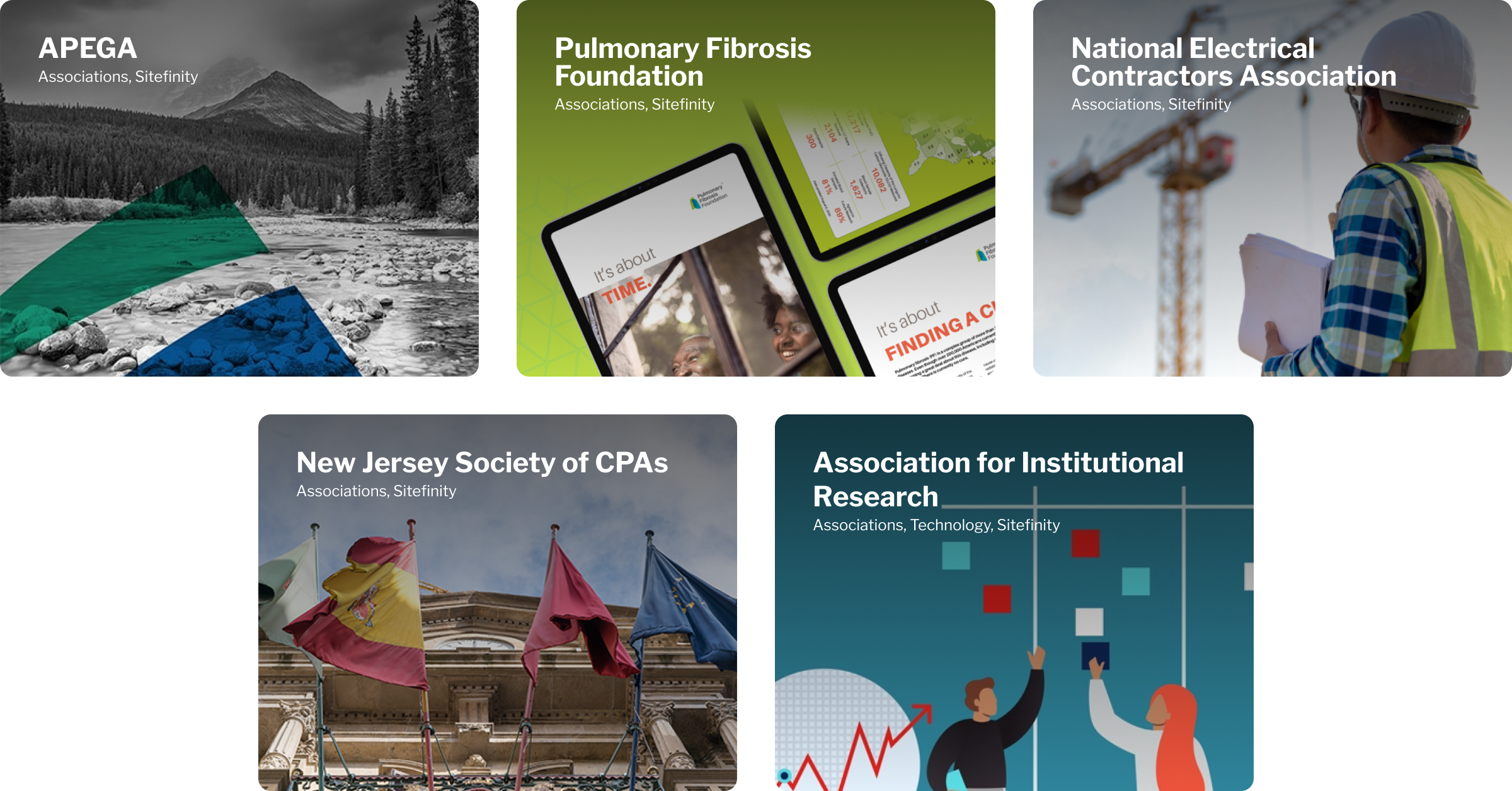 Montage of various association website designs with Sitefinity, featuring APEGA, Pulmonary Fibrosis Foundation, National Electrical Contractors, NJ Society of CPAs, and Association for Institutional Research