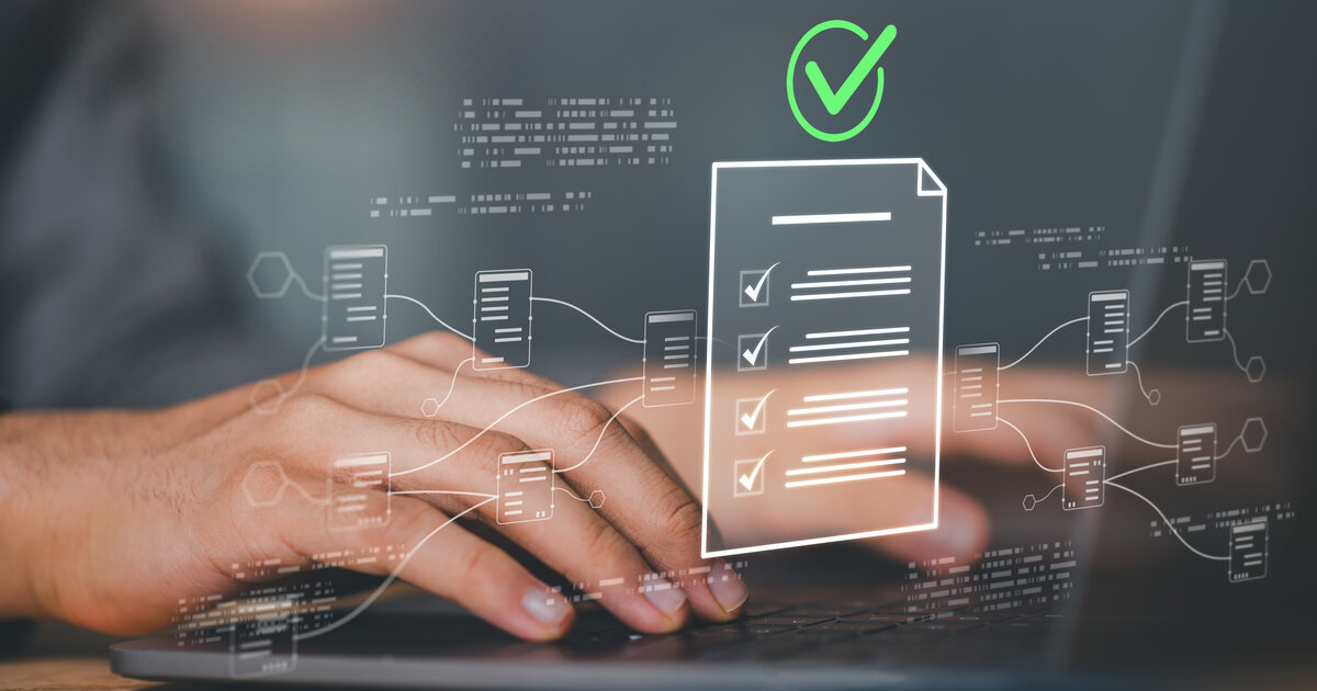 Digital content workflow on a laptop, illustrating AI workflows, content governance, and content debt prevention.