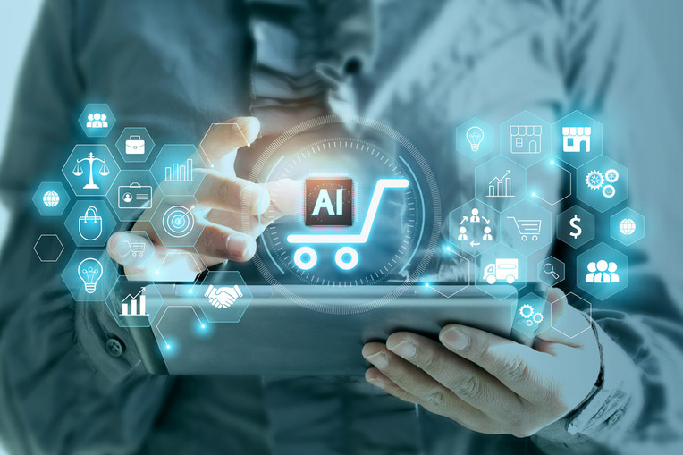Professional using artificial intelligence in personalized online shopping, depicting AI for ecommerce digital transformation