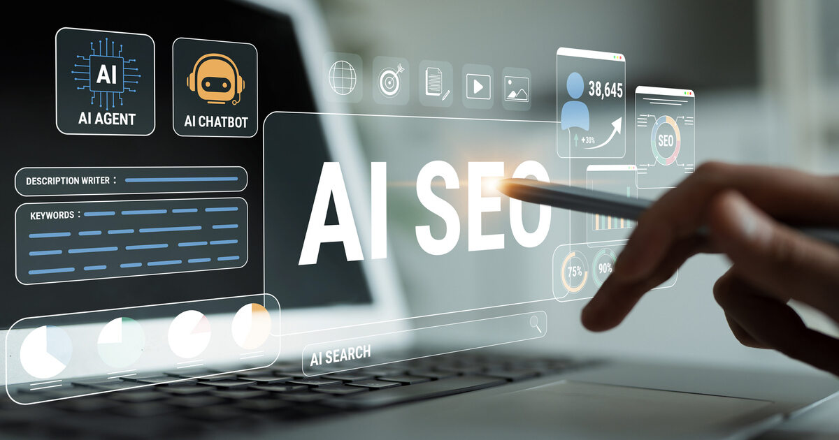 AI-powered SEO dashboard on laptop screen showing AI content optimization, keywords, chatbot tools, agents, and analytics.