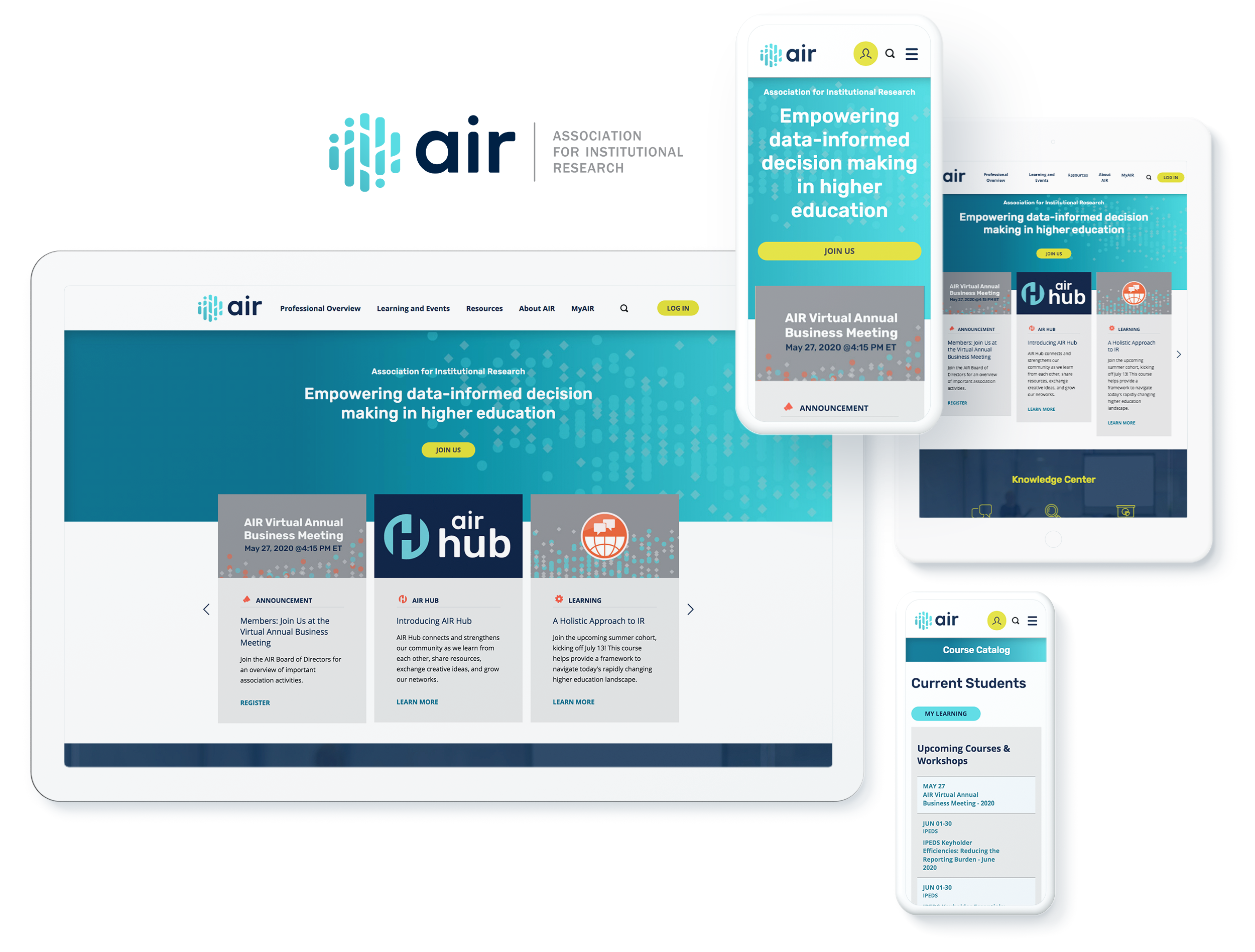 Multi-device display of the Association for Institutional Research website featuring educational resources and data-driven decision making in higher education.
