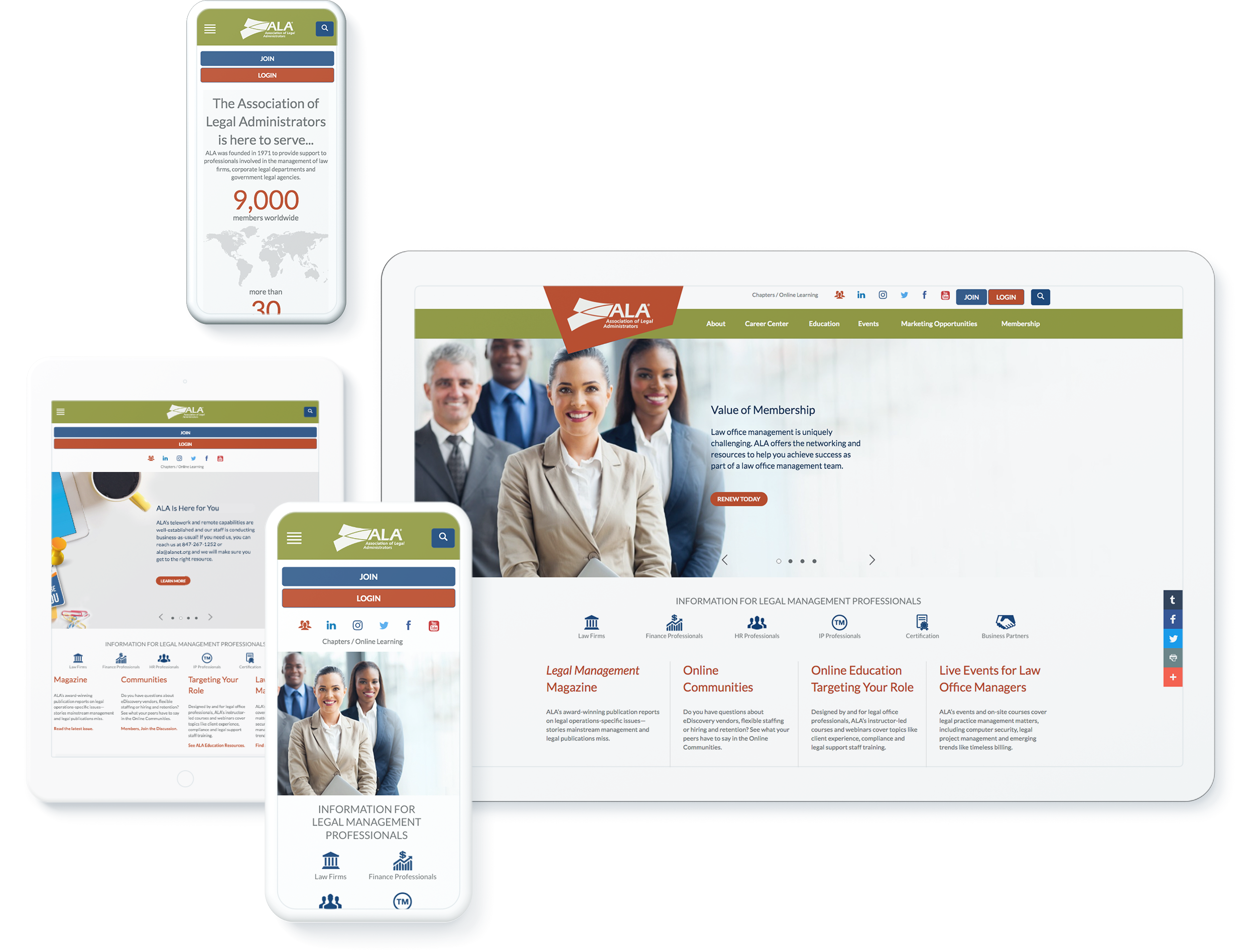 Display of the Association of Legal Administrators' website across different devices highlighting membership benefits and resources for legal management professionals.