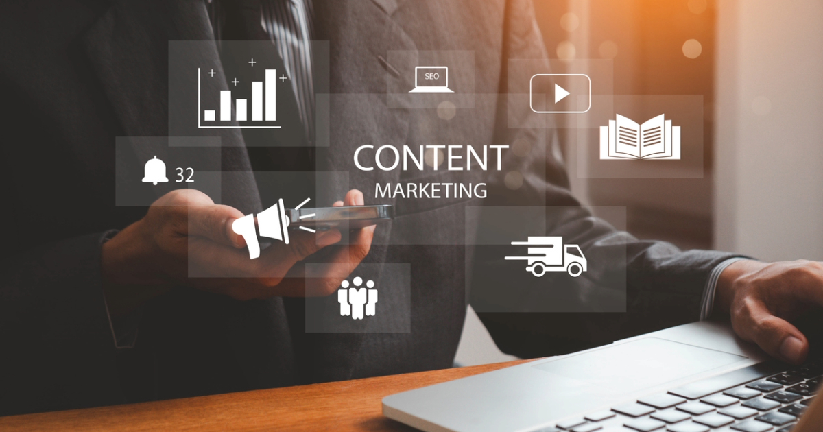 Person using laptop to review buyer journey with mapped content types, depicting successful B2B content marketing strategies