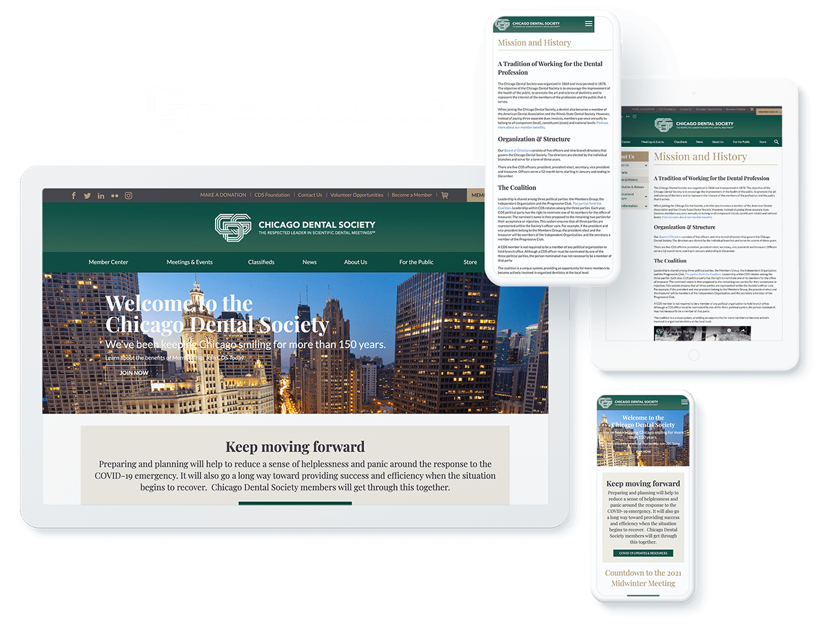 Chicago Dental Society's website on different screen sizes and devices