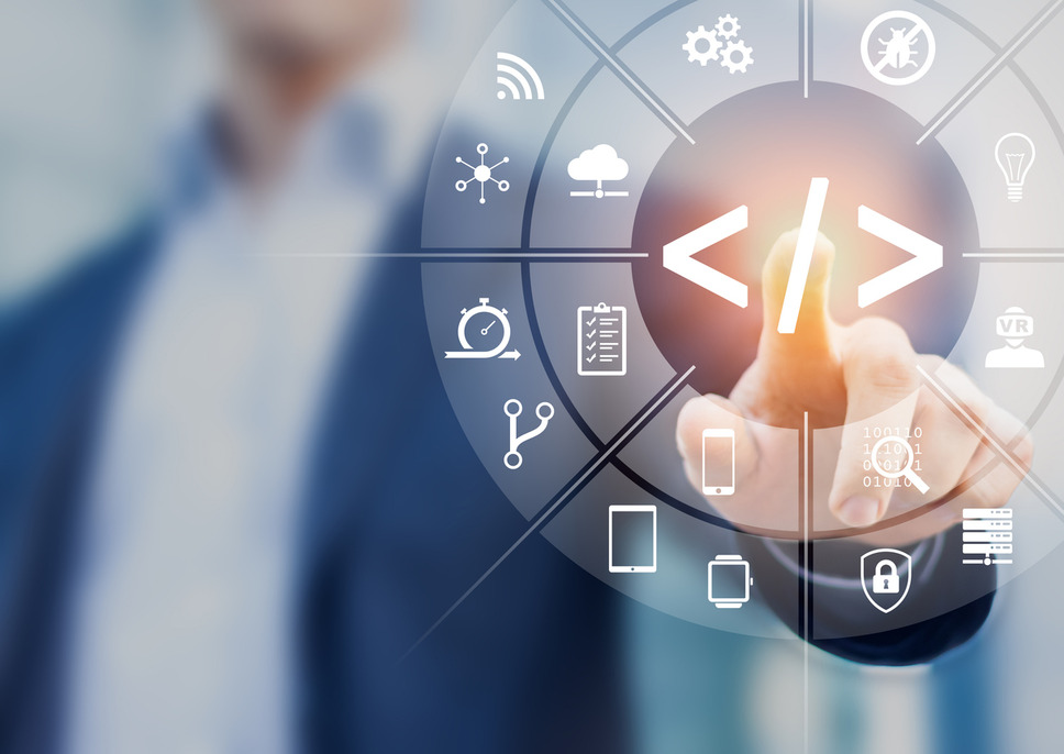 Developer interacting with digital business CRM interface features, indicating success with development agency services
