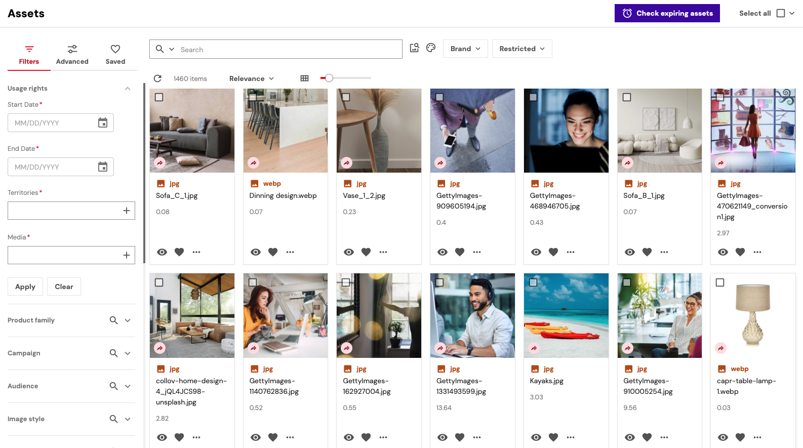 Content Hub DAM Assets Interface Content Hub DAM interface displaying searchable digital assets, filters, metadata, and image library for enterprise digital asset management.