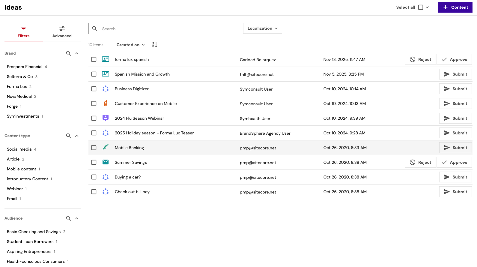 Content Hub Operations Ideas Page Content Hub Operations Ideas dashboard showing content submissions, approval workflow, filters, and tools for enterprise content management.