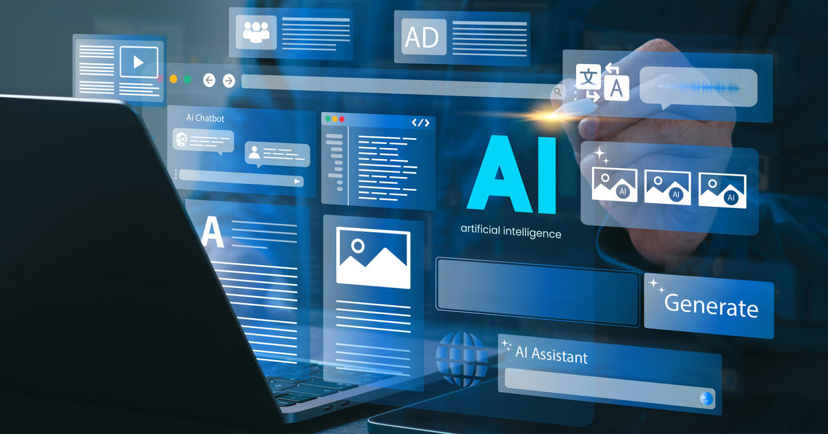 User making digital content with AI on laptop, featuring chatbot, media tools, and automation for scalable content production