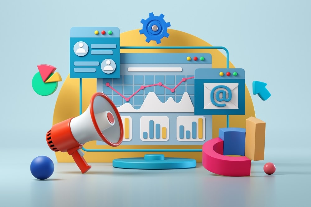 cartoon megaphone and graphs depicting the importance of tone of voice