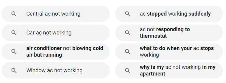 Search engine queries about various types of air conditioners not working.