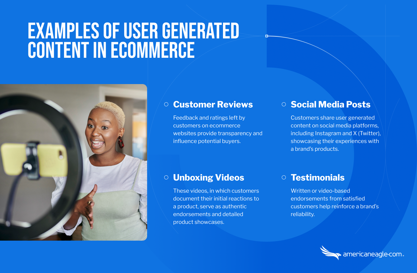 User-generated content, including reviews, social posts, videos, and testimonials, enhancing trust and customer engagement