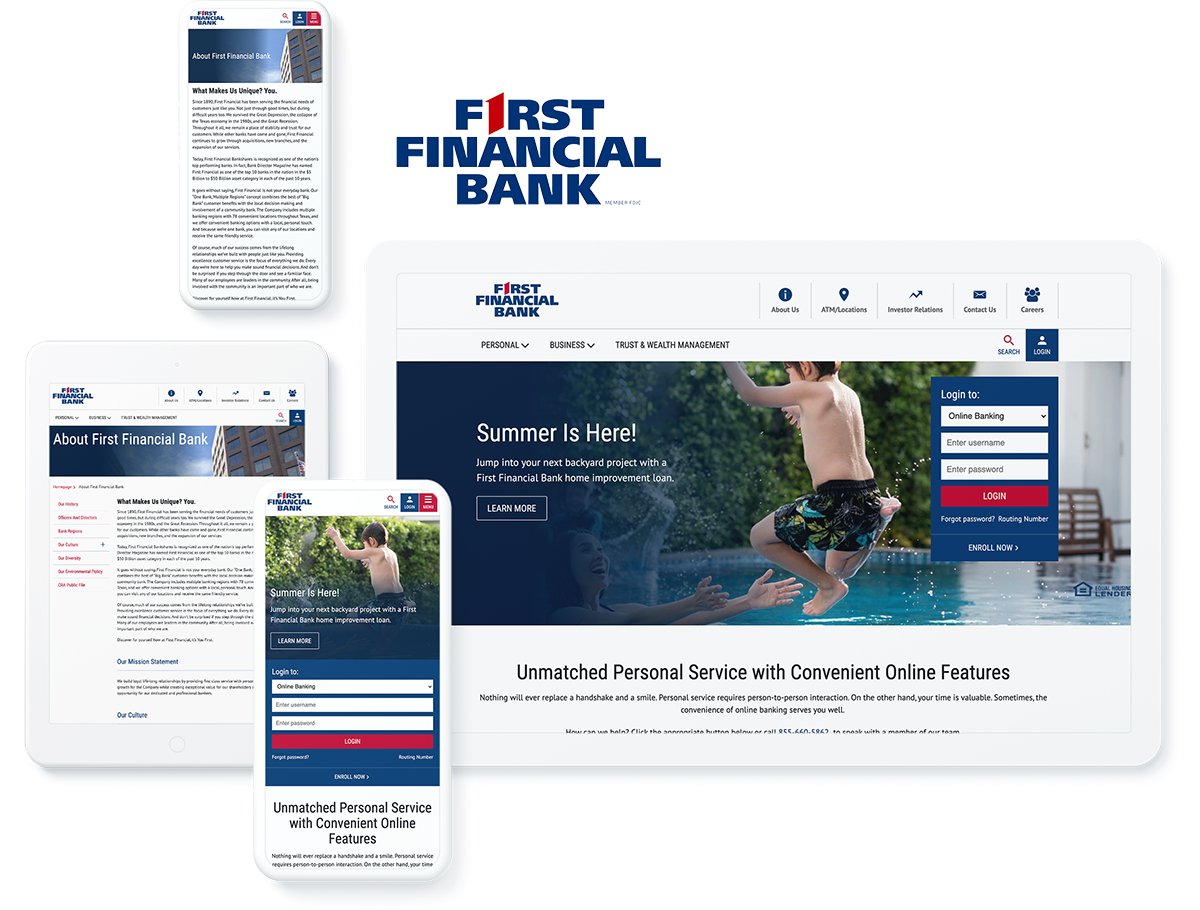 Tablet and smartphones displaying First Financial Bank's website with sections on personal services, online banking login, and summer loan promotions.