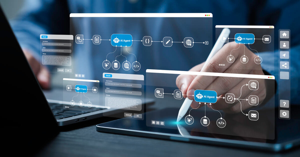 User designing AI agentic commerce workflows with digital automation diagrams, showcasing API integrations and composability.