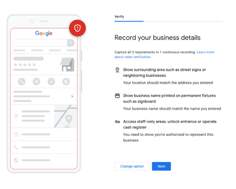 Google Business Profile verification interface showing mobile instructions for video verification to record business details