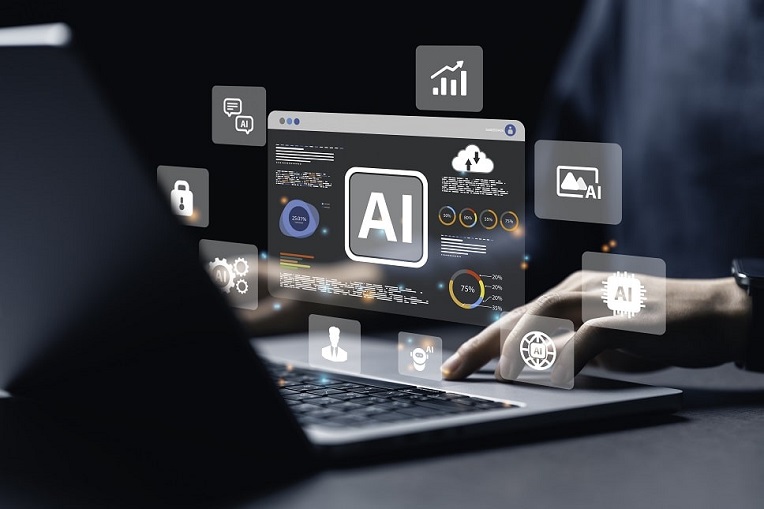 Person using a laptop with AI interface graphics floating above the screen, symbolizing artificial intelligence in technology.