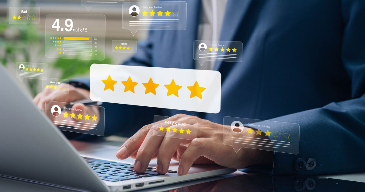 Laptop with five-star reviews and ratings overlay, representing Google Reviews, reputation management, and customer feedback.