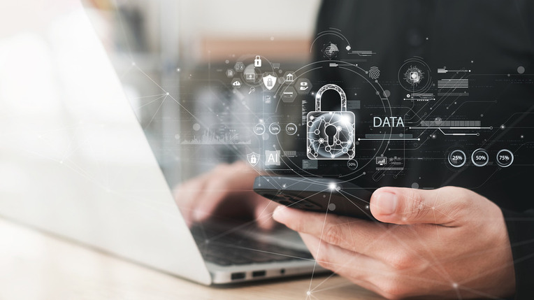 Professional using a smartphone with advanced data protection interface, displaying business success with privacy compliance