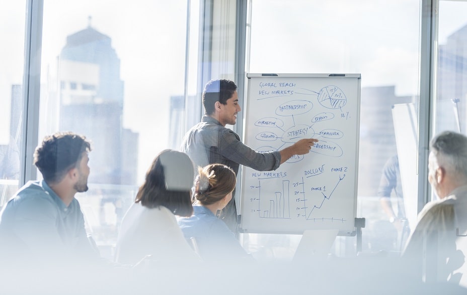 Man presenting a strategy to coworkers using a whiteboard