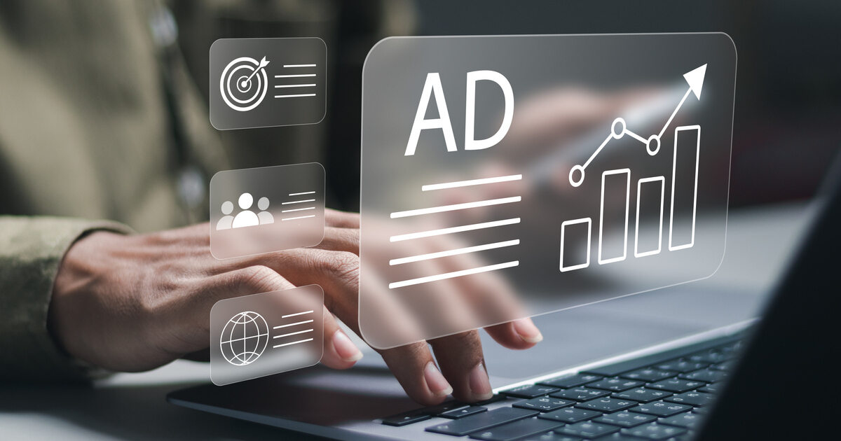 Person with digital ad interface and rising performance graph, representing Google Ads strategy and campaign optimization.
