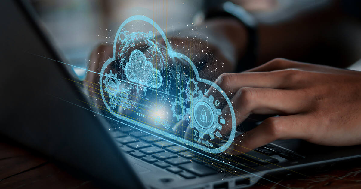 Cloud hosting graphic over a laptop, representing Microsoft Azure managed cloud services, data protection, and scalability.
