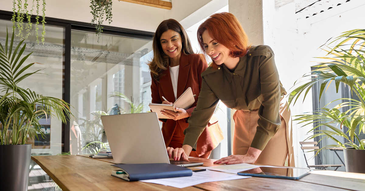 Two business professionals collaborating over a laptop in an office, planning niche marketing strategies and business growth.