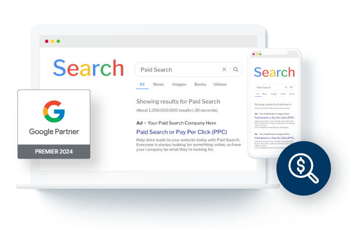 Graphic of search engine results page displaying ads for paid search and pay-per-click services on a desktop and mobile interface.