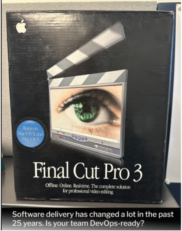 Vintage Final Cut Pro 3 software box with caption about DevOps readiness, highlighting how much software delivery has evolved