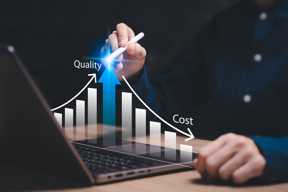 Person interacting with digital graph on quality and cost of ppc ad management, signifying success with digital marketing agency
