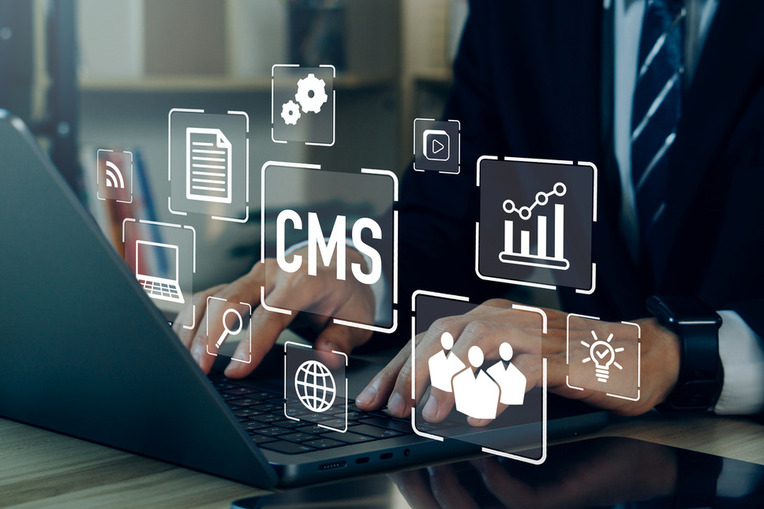 Professional using laptop for website content management, showcasing success with Kentico CMS demo
