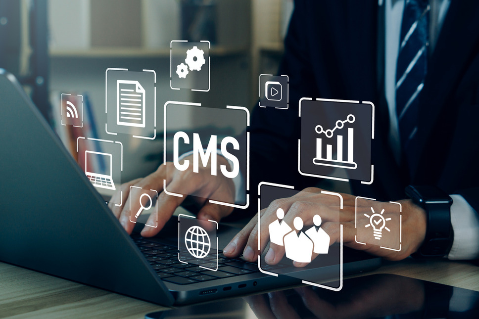 Professional using laptop for website content management, showcasing success with Kentico demo