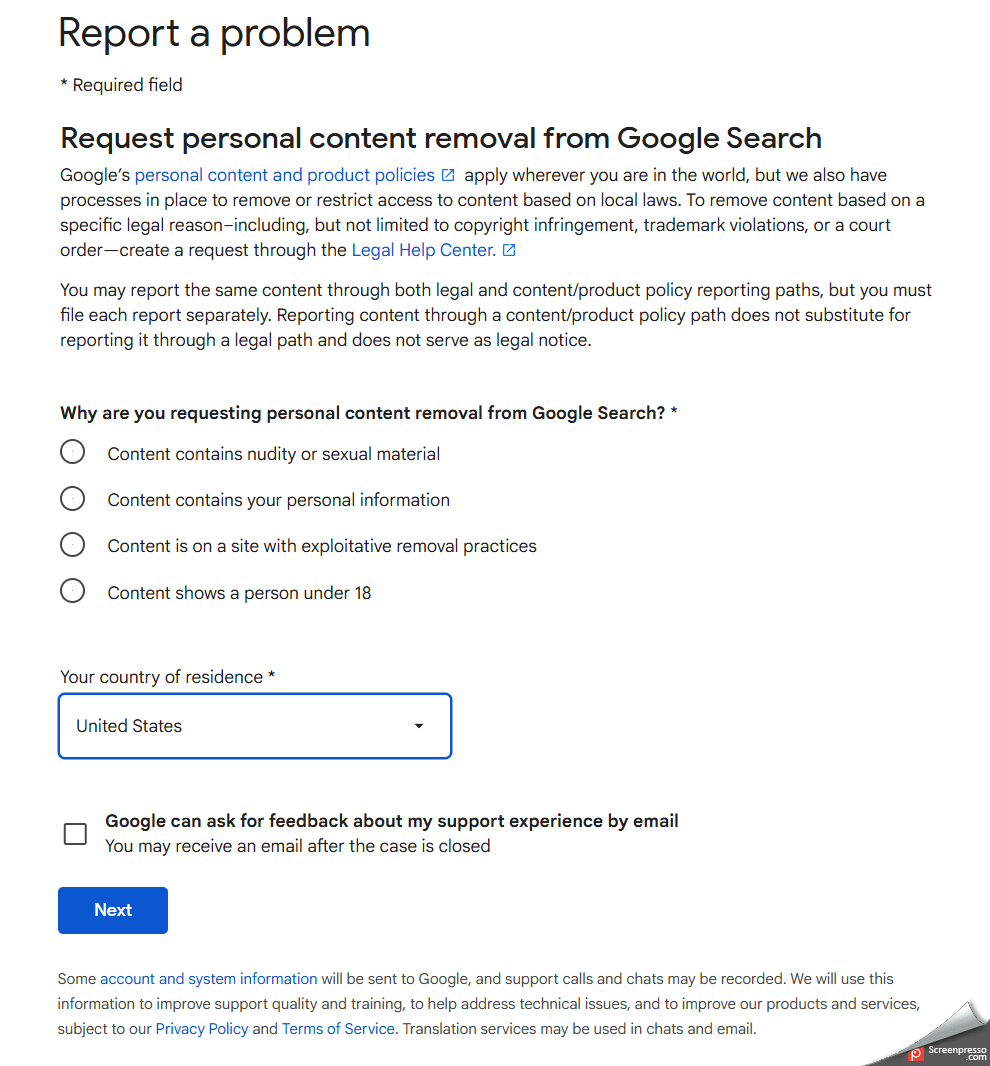 Google form for reporting problem and requesting personal content removal from Google Search with reason for removal