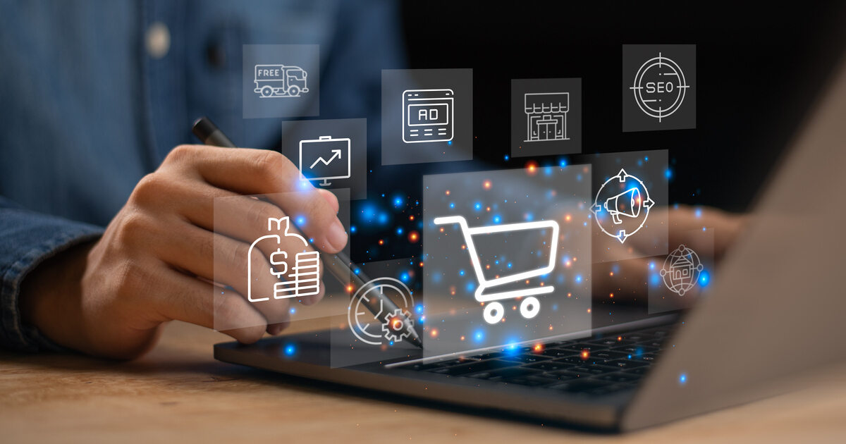 Laptop displaying ecommerce and digital marketing icons, representing online storefront optimization, SEO, and customer engagement.