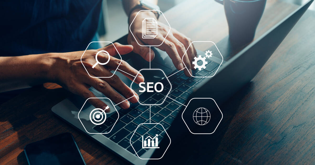 Laptop with SEO strategy icons, including search, analytics, content, and performance metrics, representing SERP optimization