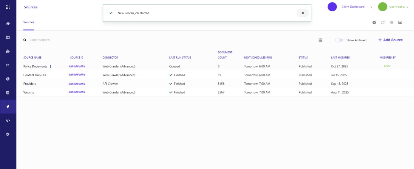Sitecore Search sources dashboard showing web and API crawlers, document counts, run statuses, and schedules