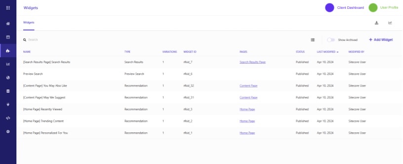 Sitecore Search widgets dashboard listing types, variations, preview, and personalized content recommendations by page
