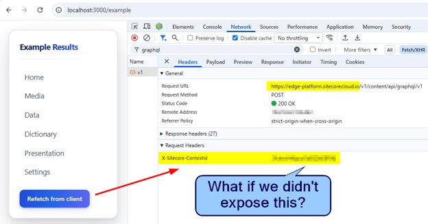 SitecoreQueryShields1 Screenshot of developer tools showing Sitecore GraphQL request headers and security context token exposure in a web app.