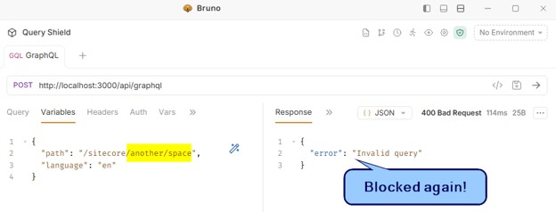 SitecoreQueryShields10 Bruno API client showing blocked GraphQL request with invalid query error, demonstrating secure API access control and validation.