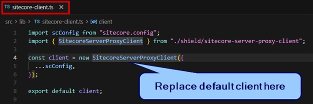 SitecoreQueryShields3 Code editor showing replacement of default Sitecore client with secure server proxy client for protected GraphQL API requests