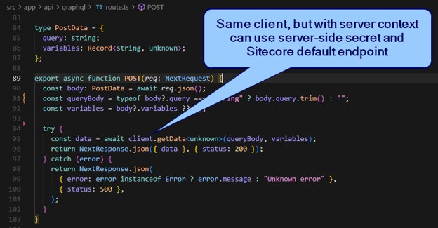 SitecoreQueryShields4 Code editor displaying Next.js API route using Sitecore server-side client and secure endpoint handling for GraphQL requests.