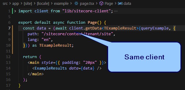 SitecoreQueryShields5 Code editor showing Sitecore client query fetching GraphQL data in Next.js page component using shared client configuration.